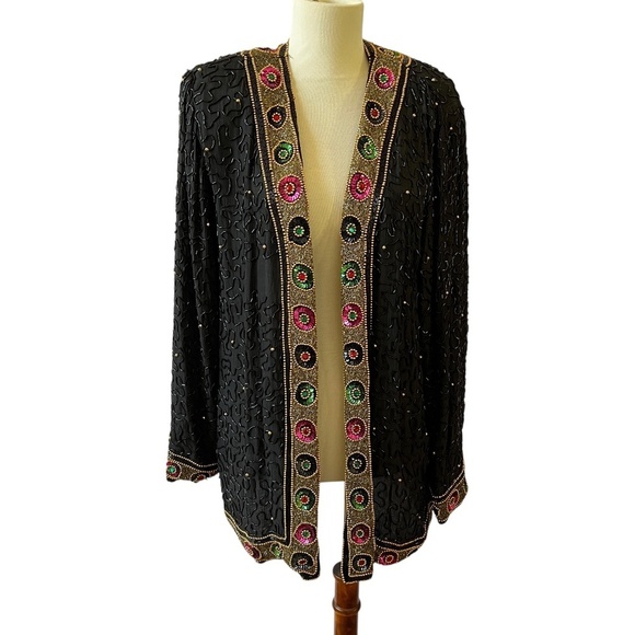 TAN CHHO EVENING JACKET XL BEADED OPEN FRONT ELEGANT VINTAGE SILK COCKTAIL - Picture 2 of 13